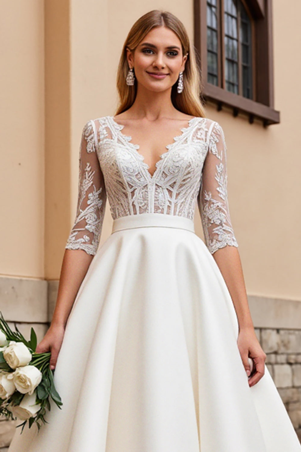 A Line Half Sleeves Ivory Lace Long Wedding Dress