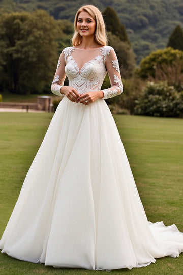 A Line Appliqued Long Sleeves Ivory Pleated Wedding Dress