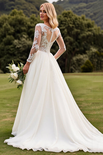 A Line Appliqued Long Sleeves Ivory Pleated Wedding Dress