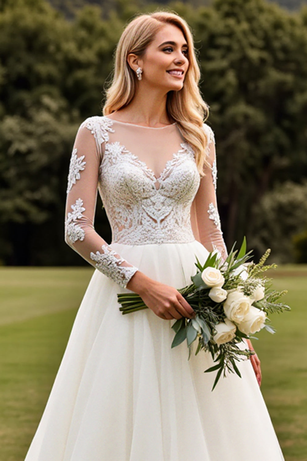 A Line Appliqued Long Sleeves Ivory Pleated Wedding Dress