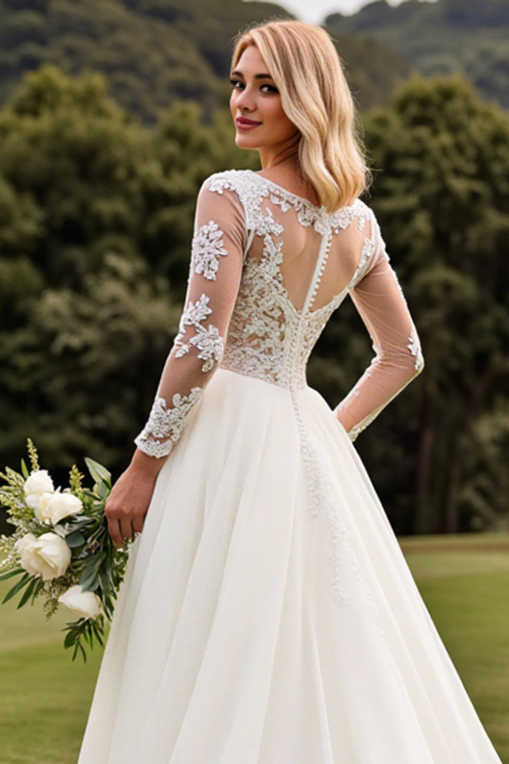 A Line Appliqued Long Sleeves Ivory Pleated Wedding Dress