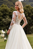 A Line Appliqued Long Sleeves Ivory Pleated Wedding Dress