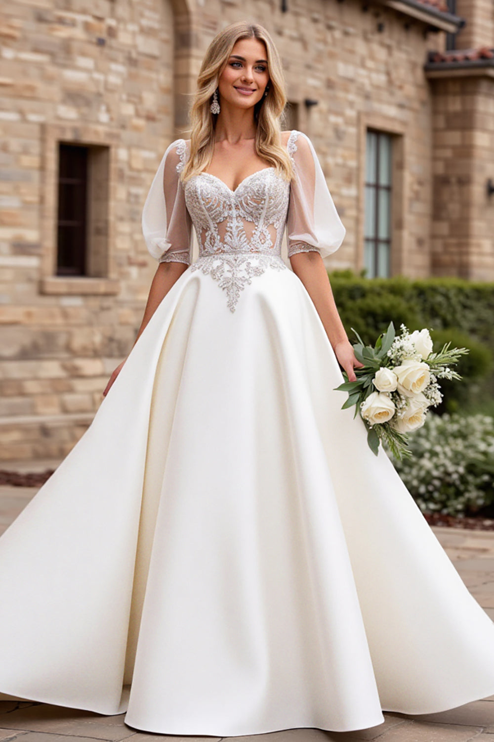 Ivory A Line Half Sleeves Appliqued Long Wedding Dress