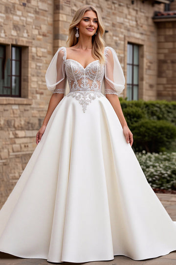 Ivory A Line Half Sleeves Appliqued Long Wedding Dress