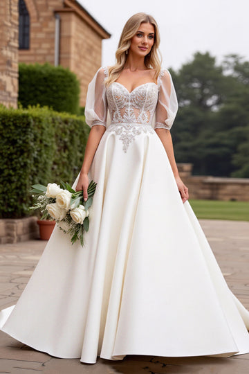 Ivory A Line Half Sleeves Appliqued Long Wedding Dress