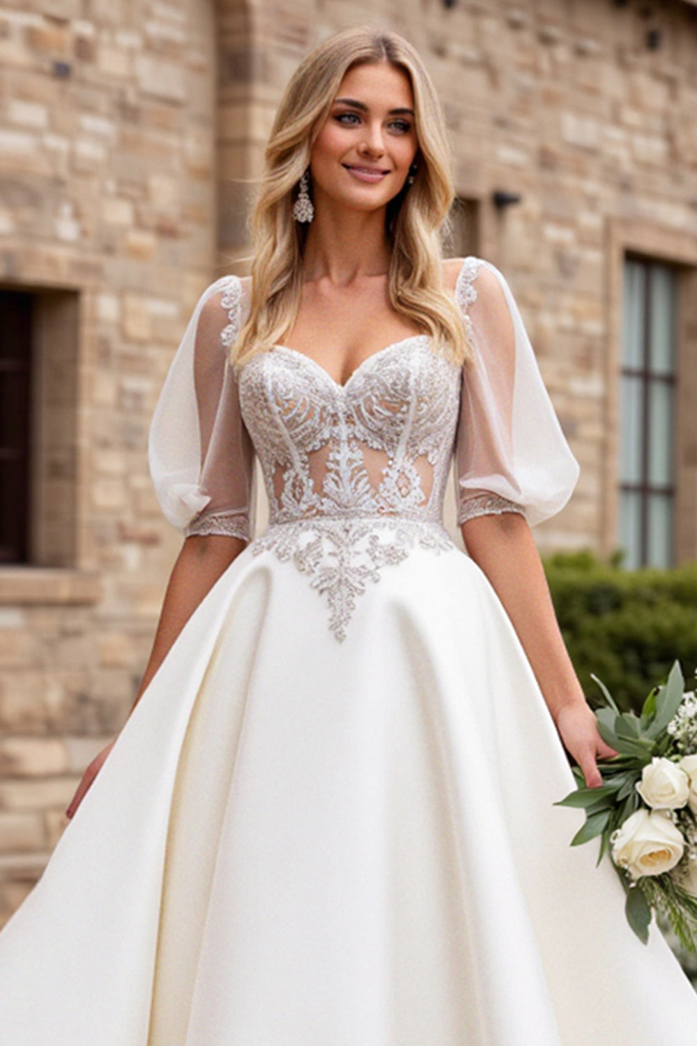 Ivory A Line Half Sleeves Appliqued Long Wedding Dress