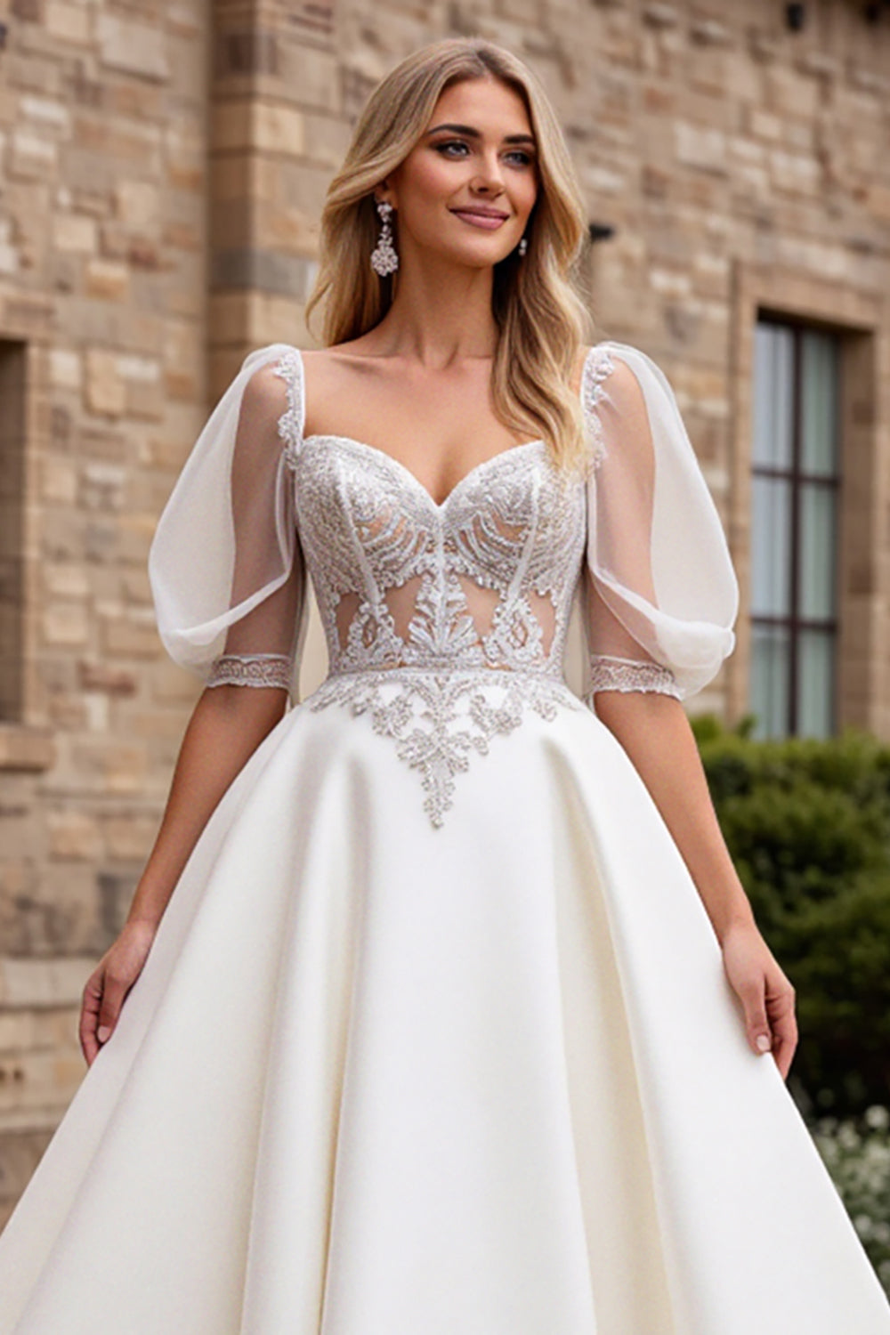Ivory A Line Half Sleeves Appliqued Long Wedding Dress