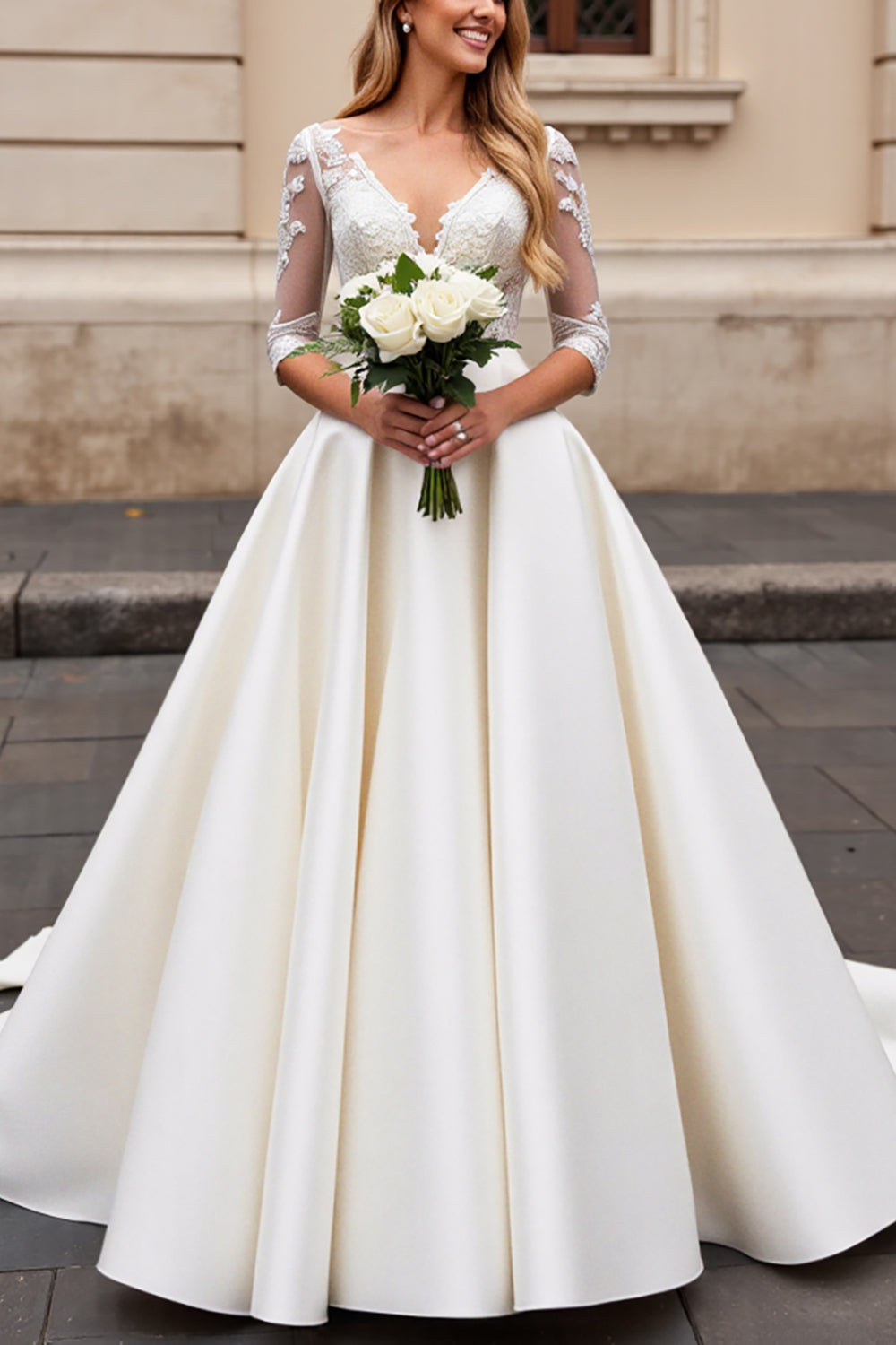 A Line Long Sleeves Ivory Lace Wedding Dress