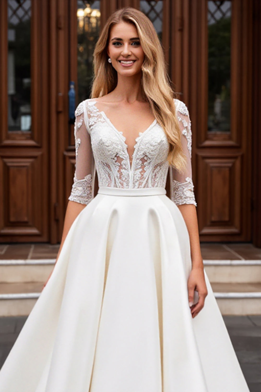A Line Long Sleeves Ivory Lace Wedding Dress