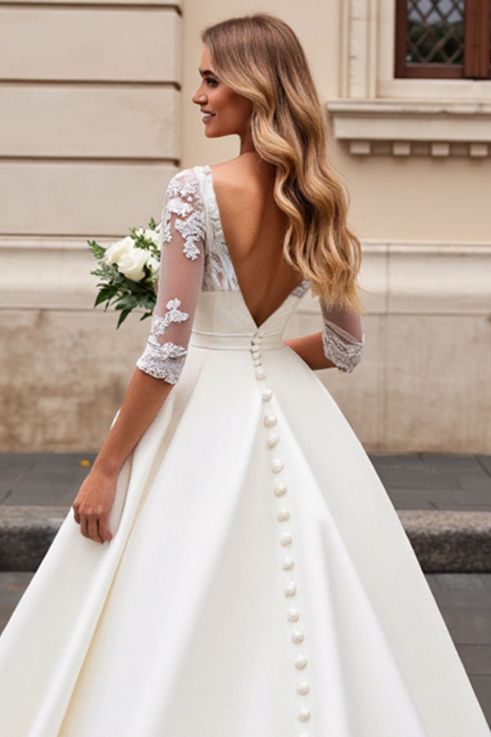 A Line Long Sleeves Ivory Lace Wedding Dress