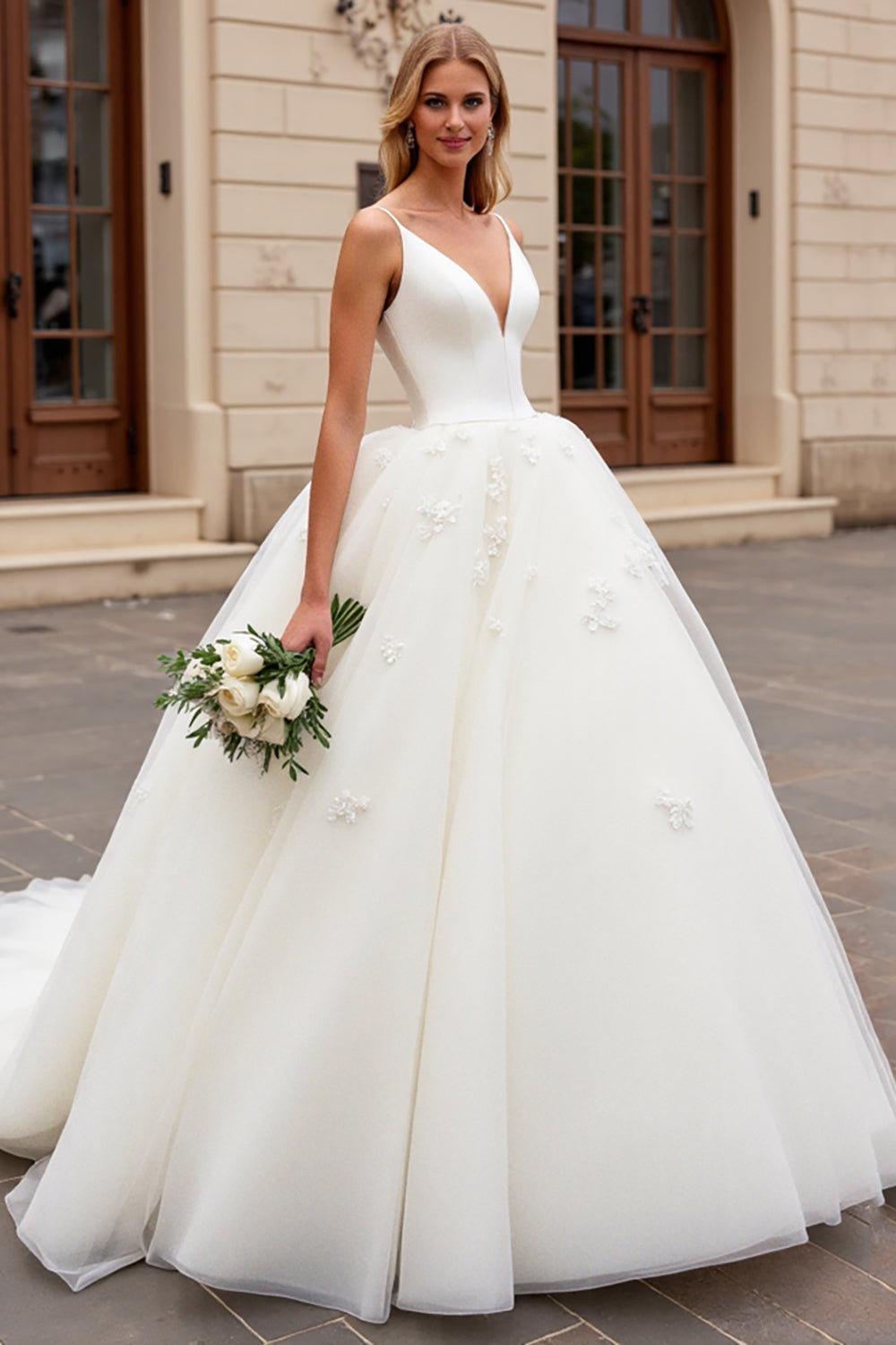 Ivory A-Line Spaghetti Straps Tulle Bridal Dress