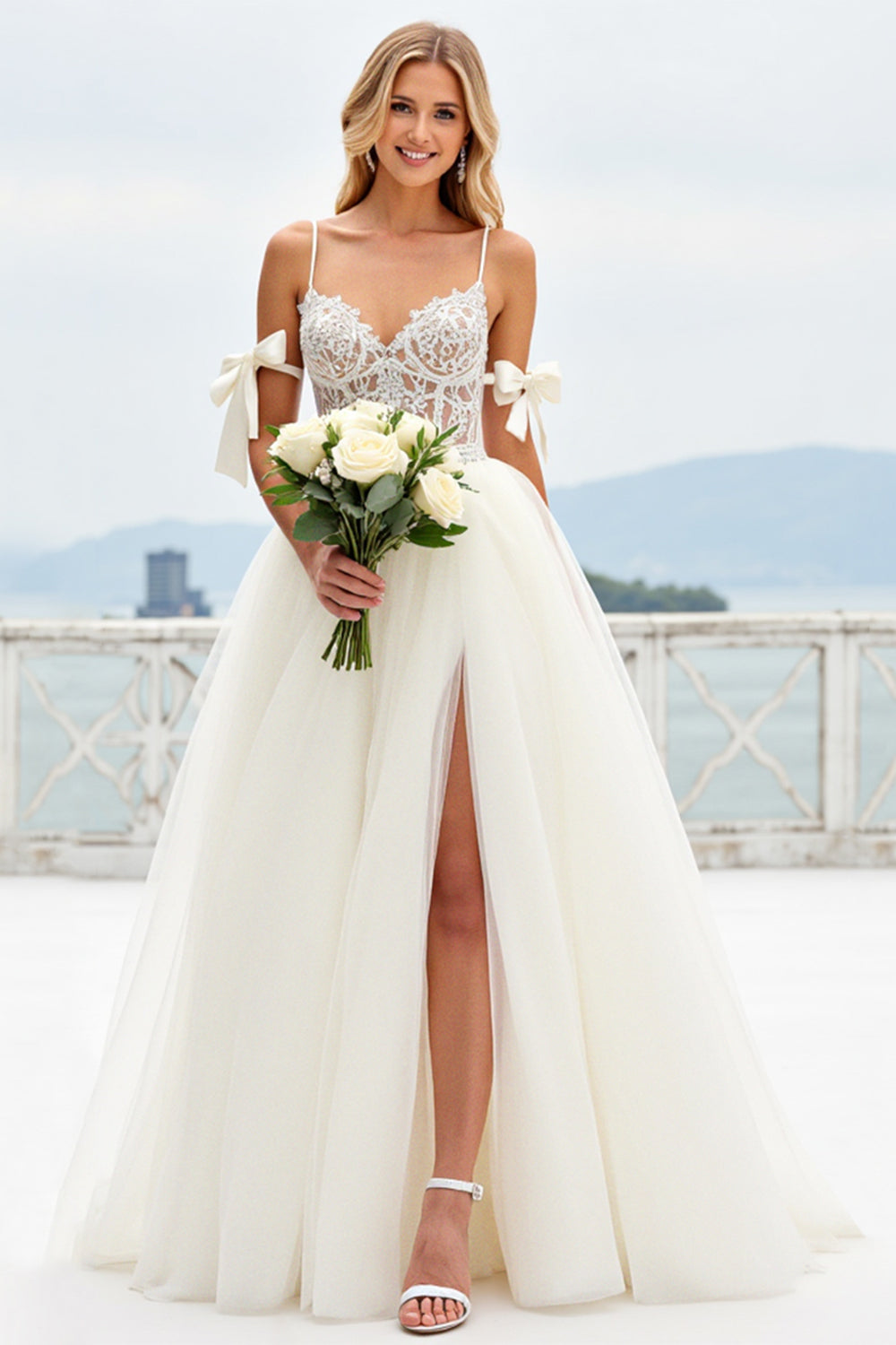 Beach Ivory A-Line Spaghetti Straps Bows Laced Tulle Wedding Dress With Slit