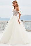 Beach Ivory A-Line Spaghetti Straps Bows Laced Tulle Wedding Dress With Slit