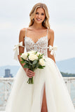Beach Ivory A-Line Spaghetti Straps Bows Laced Tulle Wedding Dress With Slit