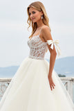 Beach Ivory A-Line Spaghetti Straps Bows Laced Tulle Wedding Dress With Slit