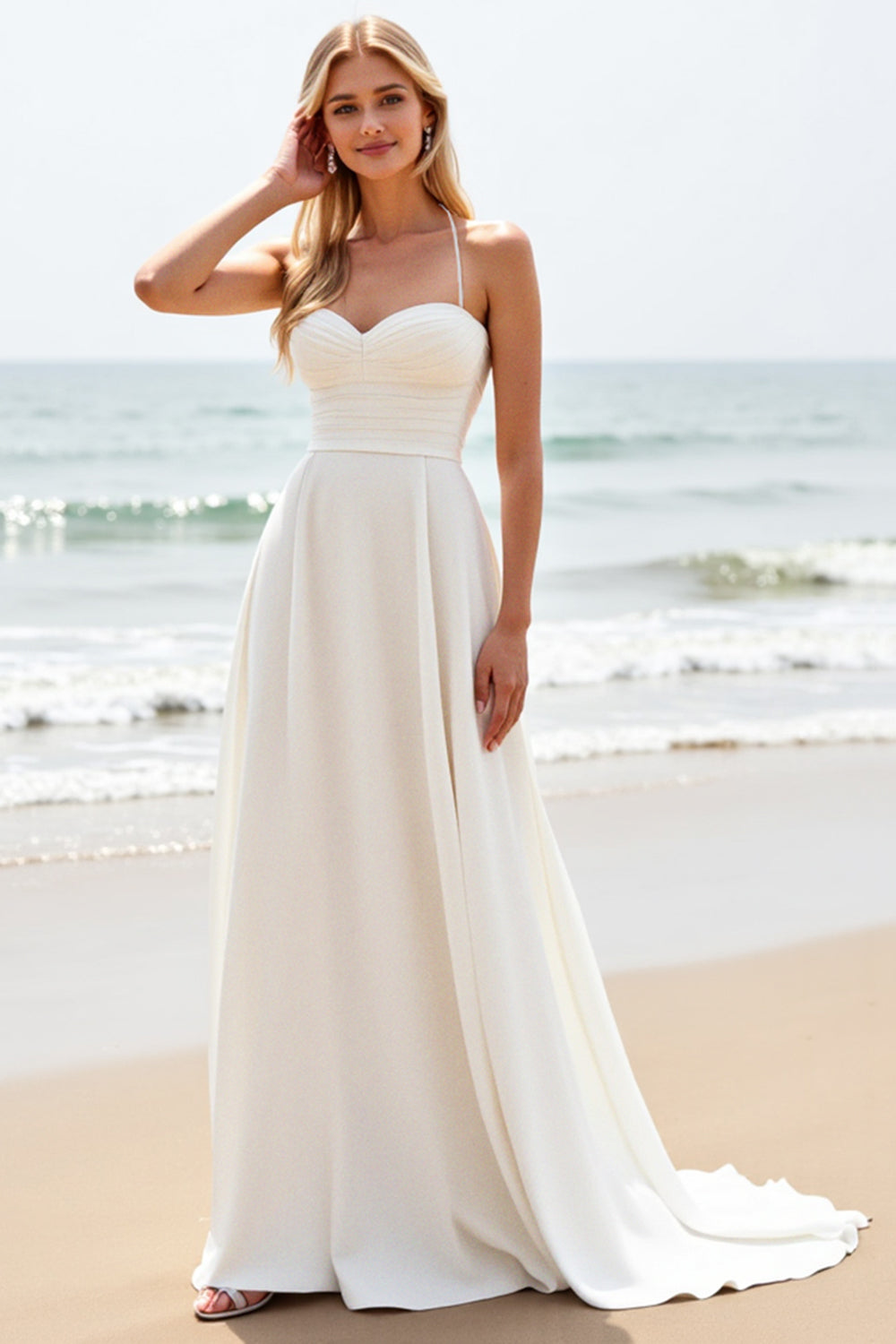 Simple White A-Line Spaghetti Straps Satin Wedding Dress