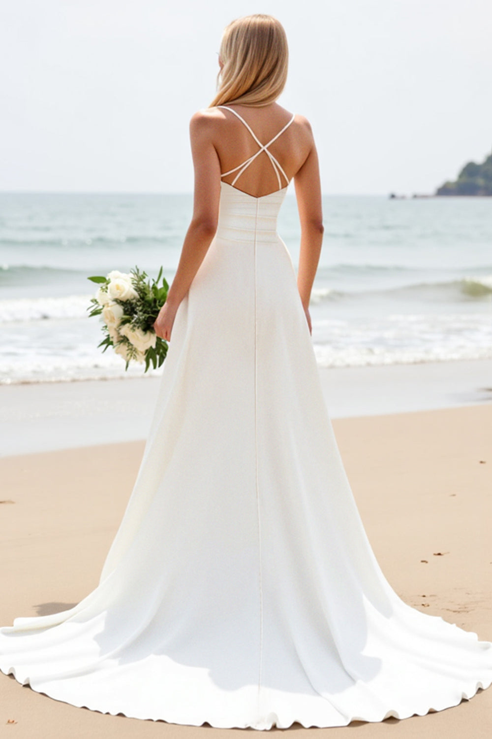 Simple White A-Line Spaghetti Straps Satin Wedding Dress