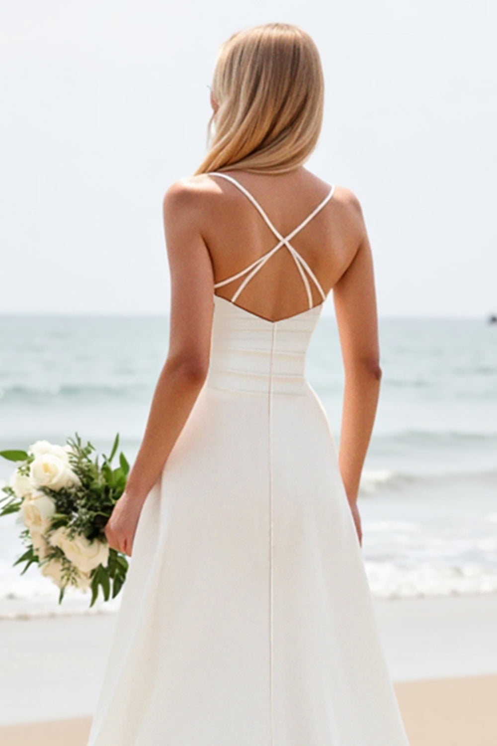 Simple White A-Line Spaghetti Straps Satin Wedding Dress