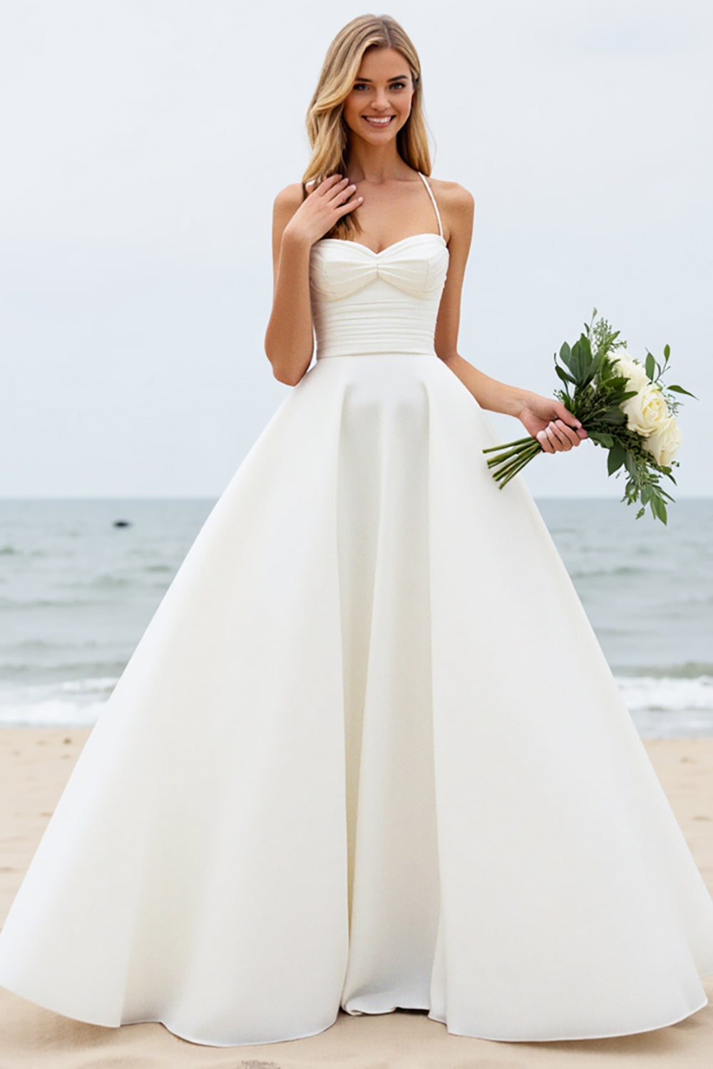 Ivory A-Line Spaghetti Straps Ruched Satin Wedding Dress