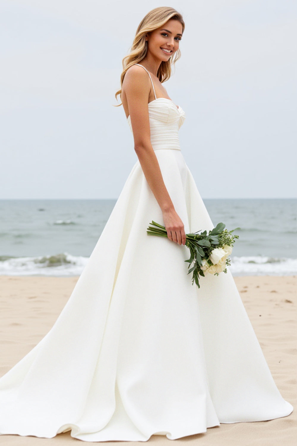 Ivory A-Line Spaghetti Straps Ruched Satin Wedding Dress