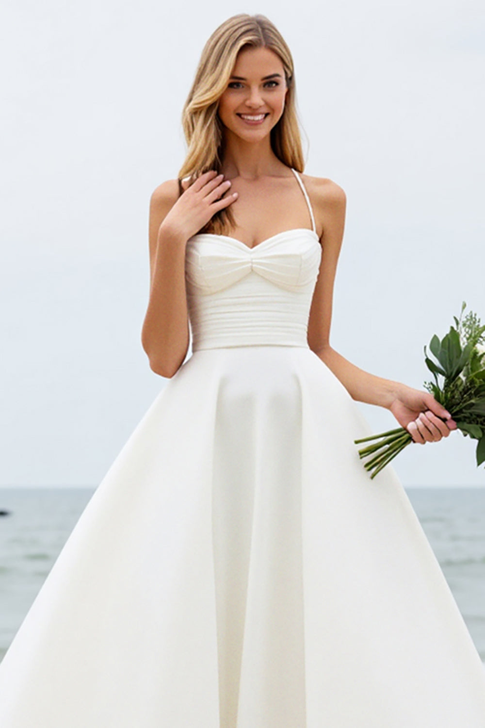 Ivory A-Line Spaghetti Straps Ruched Satin Wedding Dress