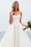 Ivory A-Line Spaghetti Straps Ruched Satin Wedding Dress
