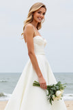 Ivory A-Line Spaghetti Straps Ruched Satin Wedding Dress