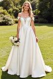 Ivory A-Line Off The Shoulder Satin Wedding Dress with Rhinestones