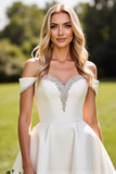Ivory A-Line Off The Shoulder Satin Wedding Dress with Rhinestones
