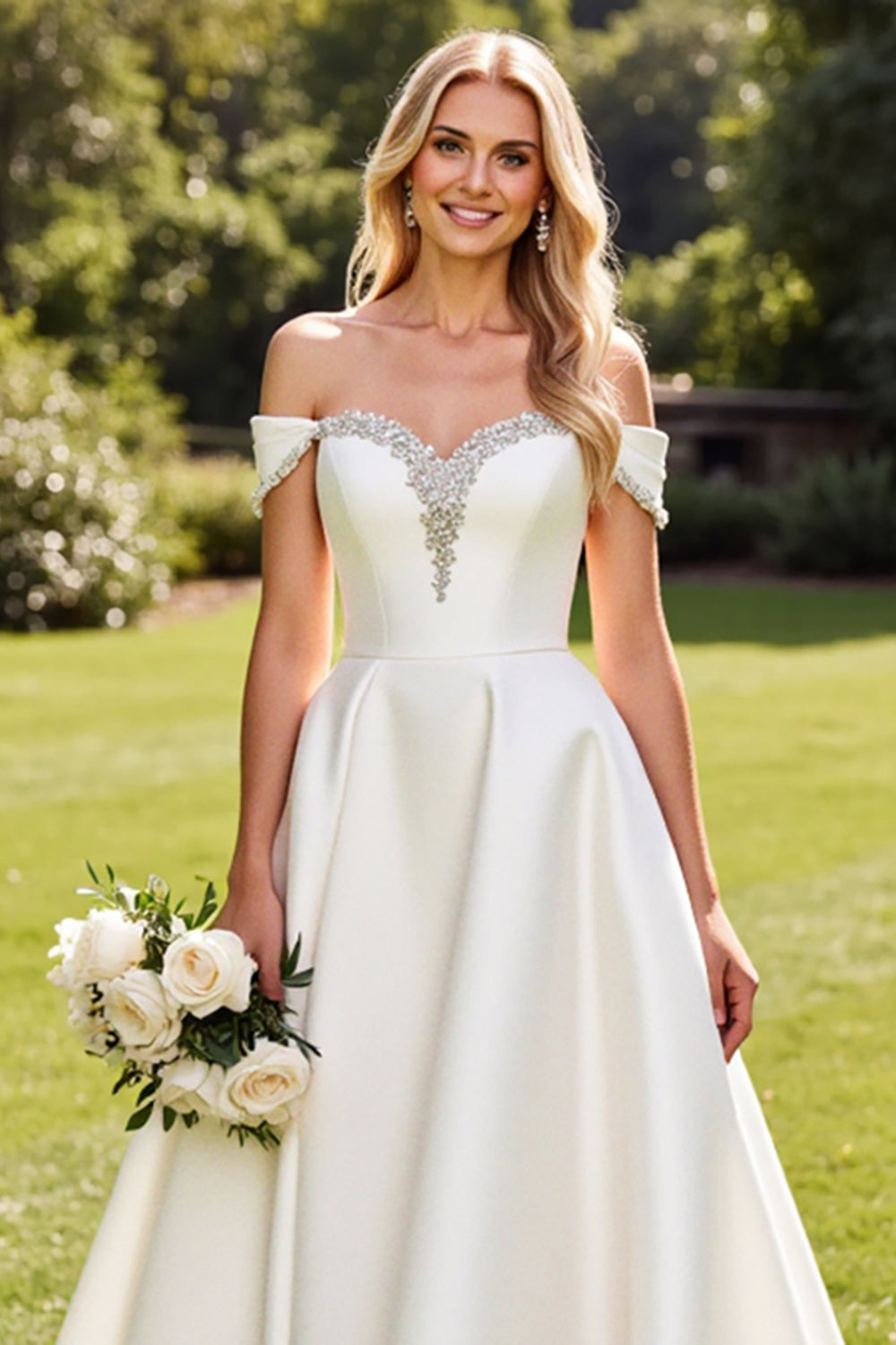 Ivory A-Line Off The Shoulder Satin Wedding Dress with Rhinestones