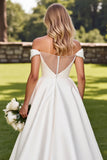 Ivory A-Line Off The Shoulder Satin Wedding Dress with Rhinestones