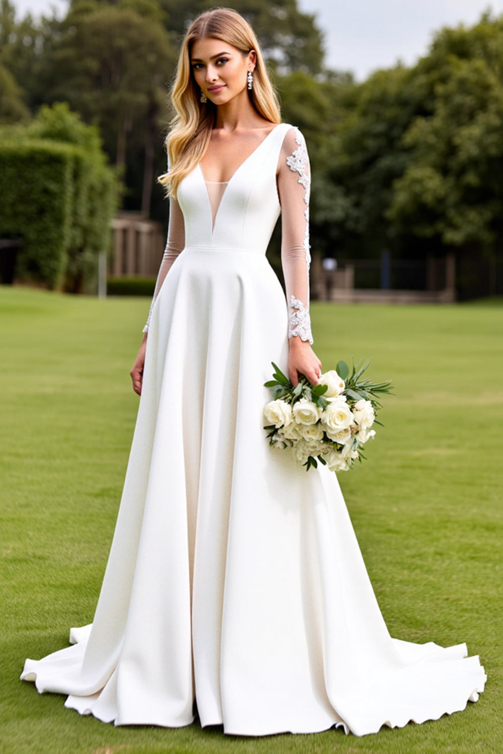 White A-Line Deep V Neck Satin Long Sleeve Wedding Dress With Lace