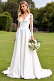 White A-Line Deep V Neck Satin Long Sleeve Wedding Dress With Lace