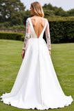 White A-Line Deep V Neck Satin Long Sleeve Wedding Dress With Lace