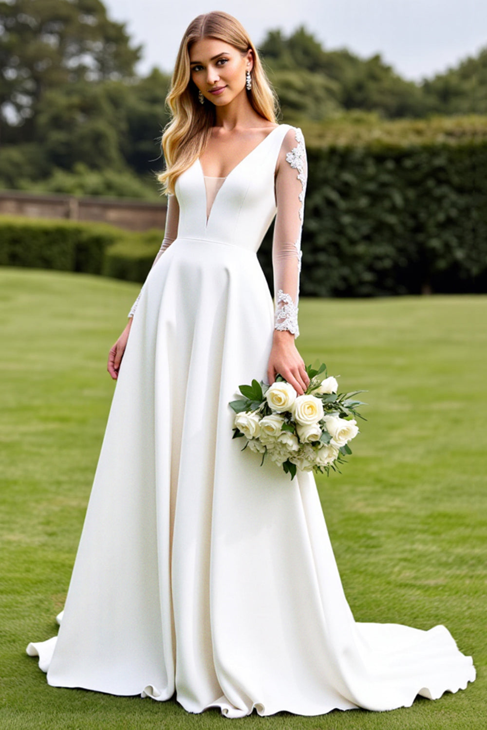 White A-Line Deep V Neck Satin Long Sleeve Wedding Dress With Lace
