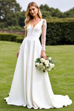 White A-Line Deep V Neck Satin Long Sleeve Wedding Dress With Lace