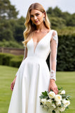 White A-Line Deep V Neck Satin Long Sleeve Wedding Dress With Lace