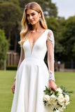 White A-Line Deep V Neck Satin Long Sleeve Wedding Dress With Lace