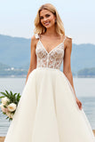 Ivory Spaghetti Straps A-Line Laced Tulle Long Bridal Dress