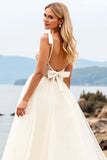 Ivory Spaghetti Straps A-Line Laced Tulle Long Bridal Dress