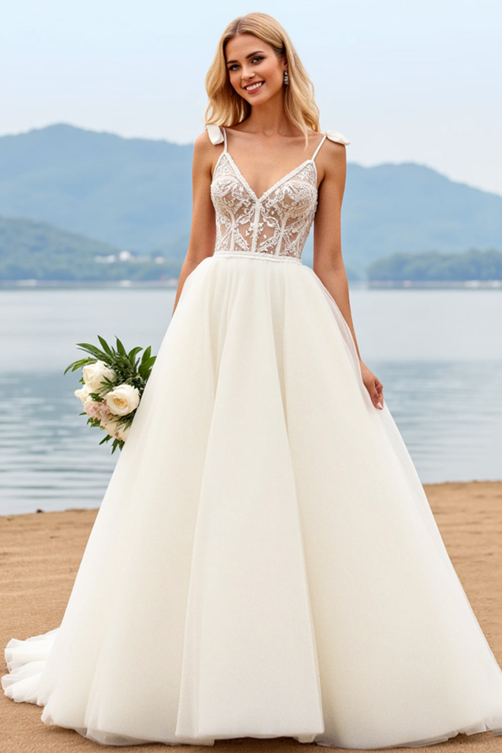 Ivory Spaghetti Straps A-Line Laced Tulle Long Bridal Dress