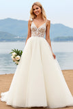 Ivory Spaghetti Straps A-Line Laced Tulle Long Bridal Dress