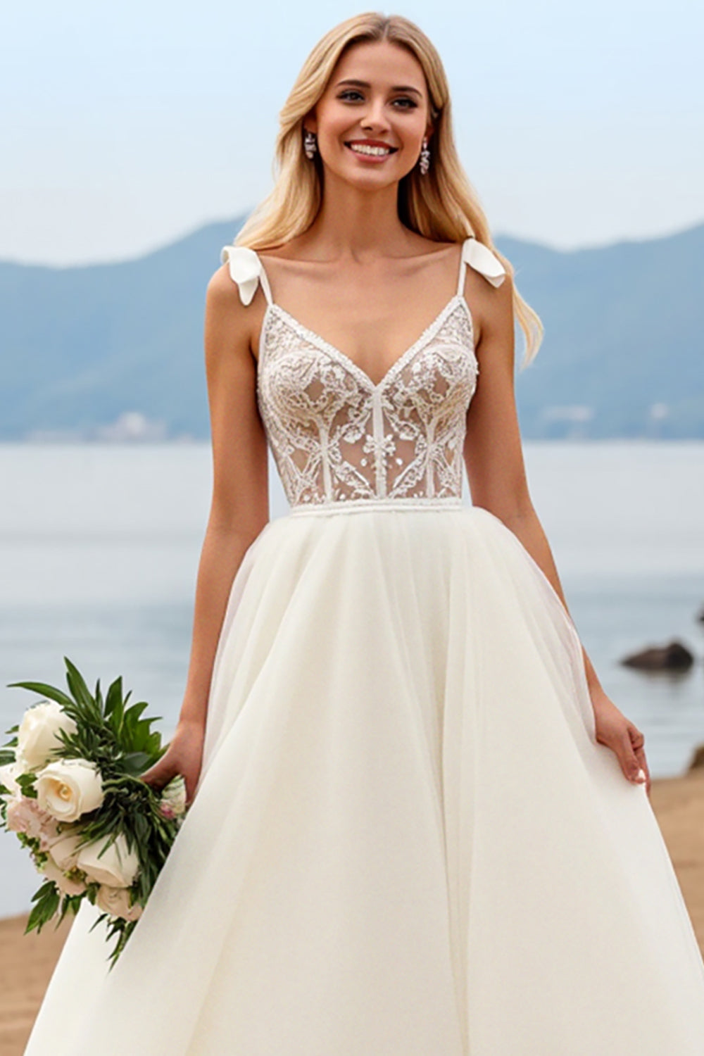 Ivory Spaghetti Straps A-Line Laced Tulle Long Bridal Dress