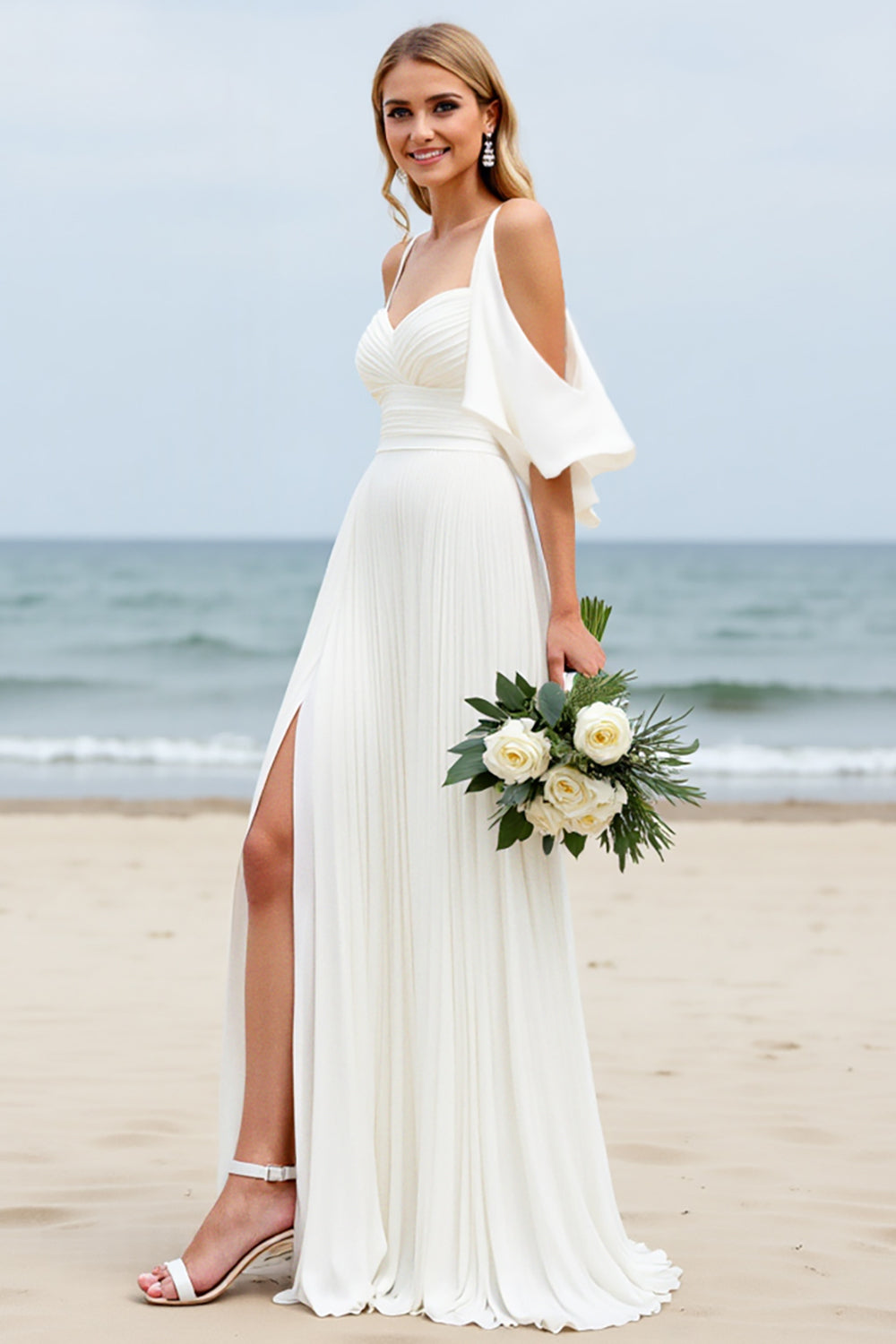 White A-Line Cold Shoulder Beach Wedding Dress With Slit
