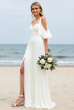 White A-Line Cold Shoulder Beach Wedding Dress With Slit