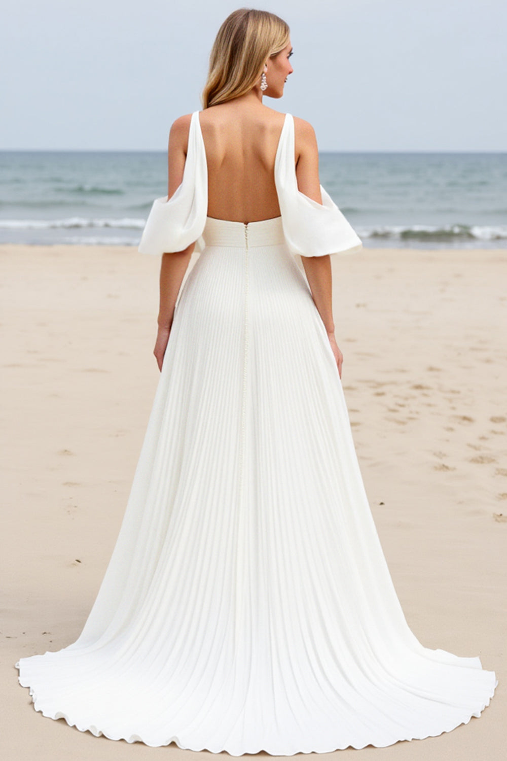 White A-Line Cold Shoulder Beach Wedding Dress With Slit