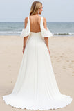 White A-Line Cold Shoulder Beach Wedding Dress With Slit