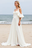 White A-Line Cold Shoulder Beach Wedding Dress With Slit