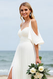 White A-Line Cold Shoulder Beach Wedding Dress With Slit