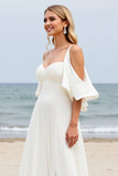 White A-Line Cold Shoulder Beach Wedding Dress With Slit